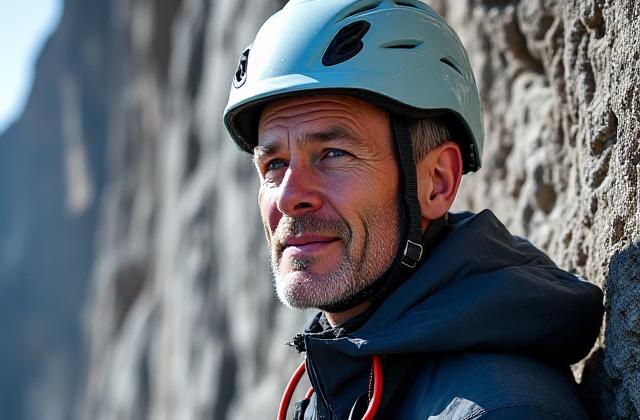 Andreas, ein erfahrener Kletterer und Bergführer, vor steiler Felswand