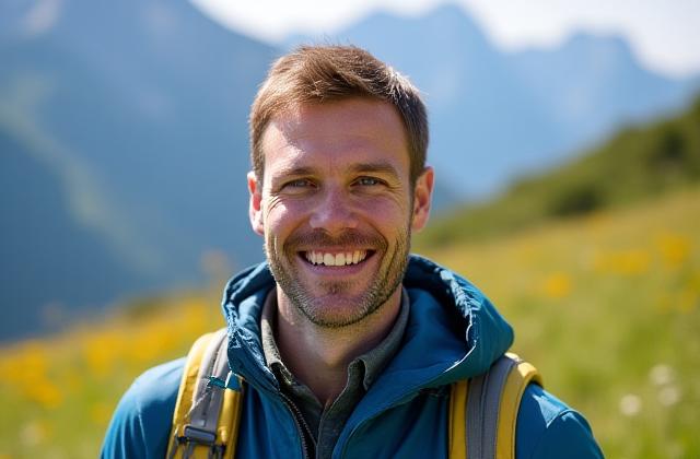 Professionelles Porträt von Elias, einem Bergführer, lächelnd vor alpiner Kulisse